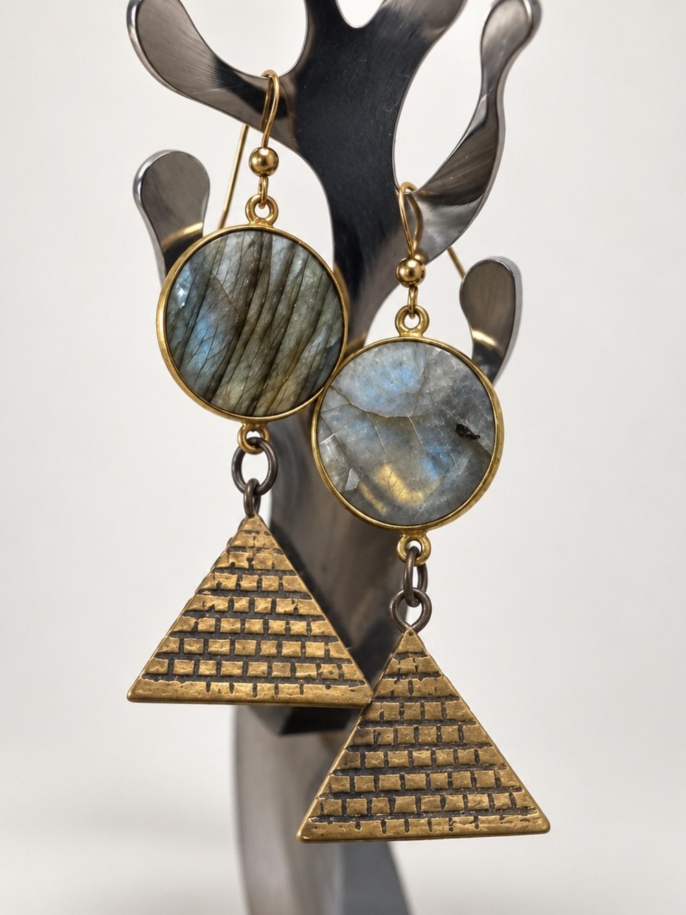 Labradorite & Brass Pyramid Statement Earrings